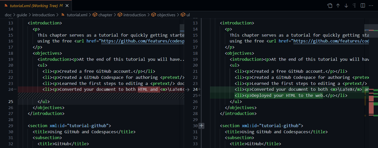Screenshot of VS Code Git diff in Codespaces