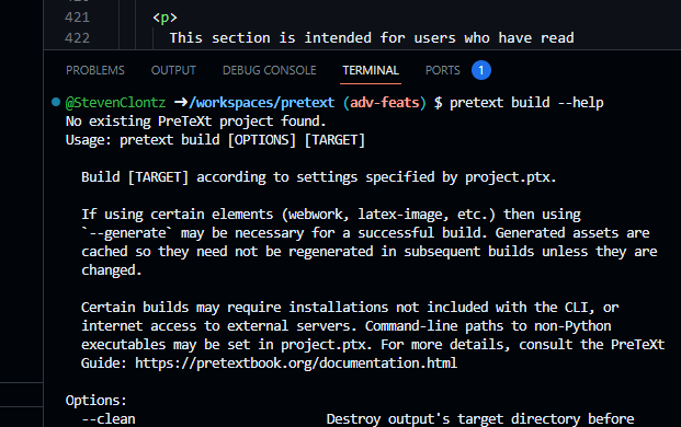 Screenshot of using the PreTeXt CLI within Codespaces
