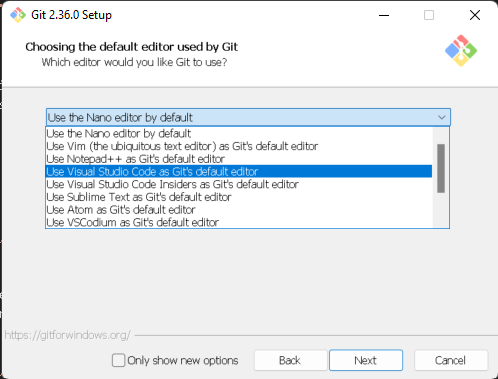 Screenshot of the Git for Windows installation program, showing how to select VSCode as the default text editor