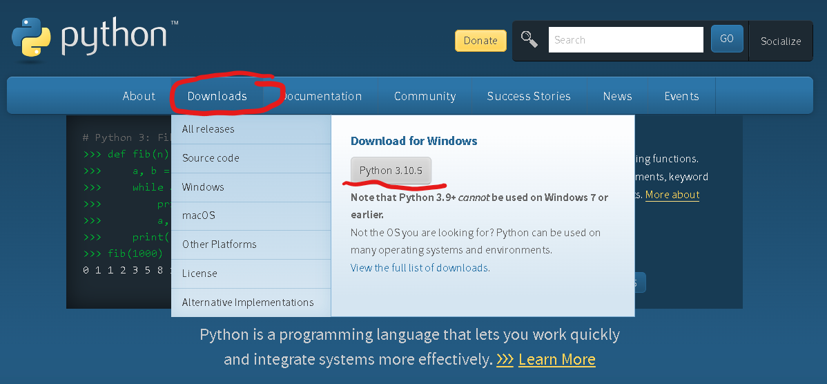 Screenshot of the python.org webpage, showing where to access the installer download