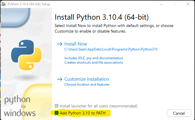 Screenshot of the Python installer program, showing the box that needs to be checked to ensure it is added to the system environment variables