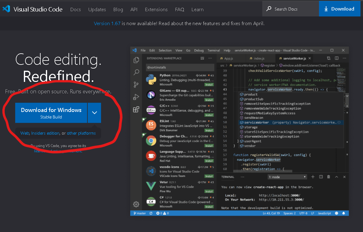 Screenshot of the VSCode website, showing where to click to download the installer