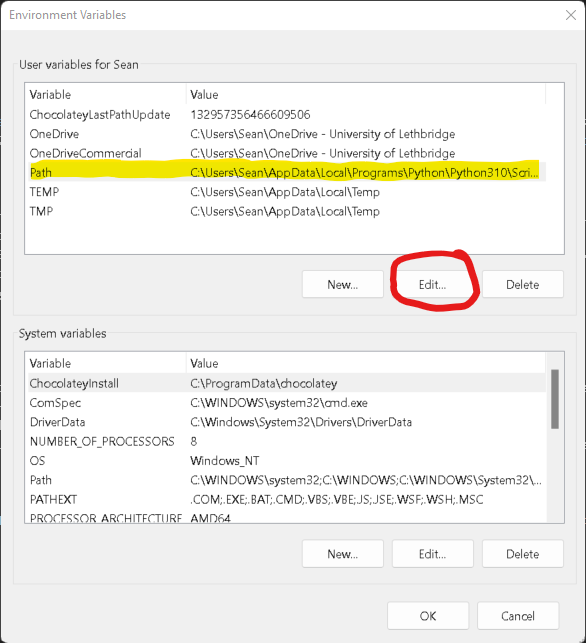 Screenshot of the Environment Variables control panel, showing how to access and edit the Path